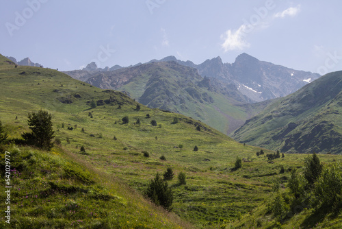 Fototapeta Naklejka Na Ścianę i Meble -  Beautiful landscape - green mountain slopes with trees and white clouds on a blue sky on a sunny summer day in the Terskol valley in the Elbrus region and copy space