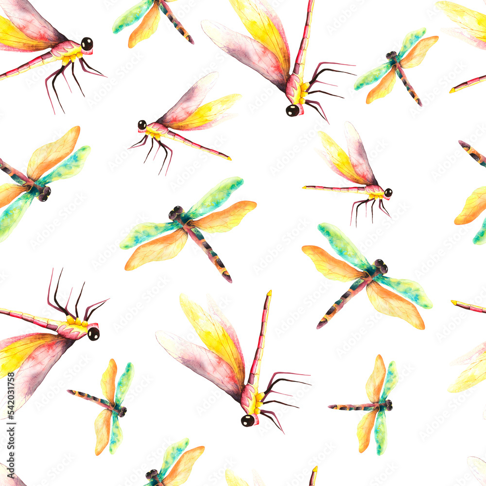 Dragonflies. Watercolor seamless pattern with dragonflies