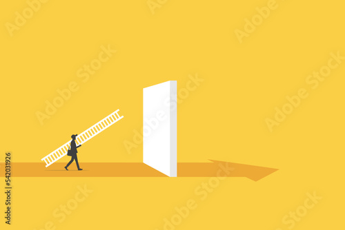businessman carry stairs to cross the wall. concept of business challenge, success, break gap, opportunity and goal.