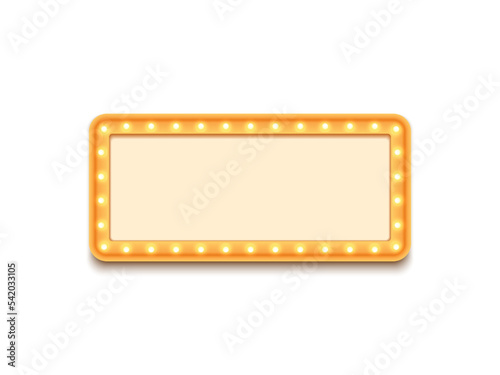 Antique shape marquee vintage 3d lightbox with glowing bulb. Yellow color retro frame design vector illustration.