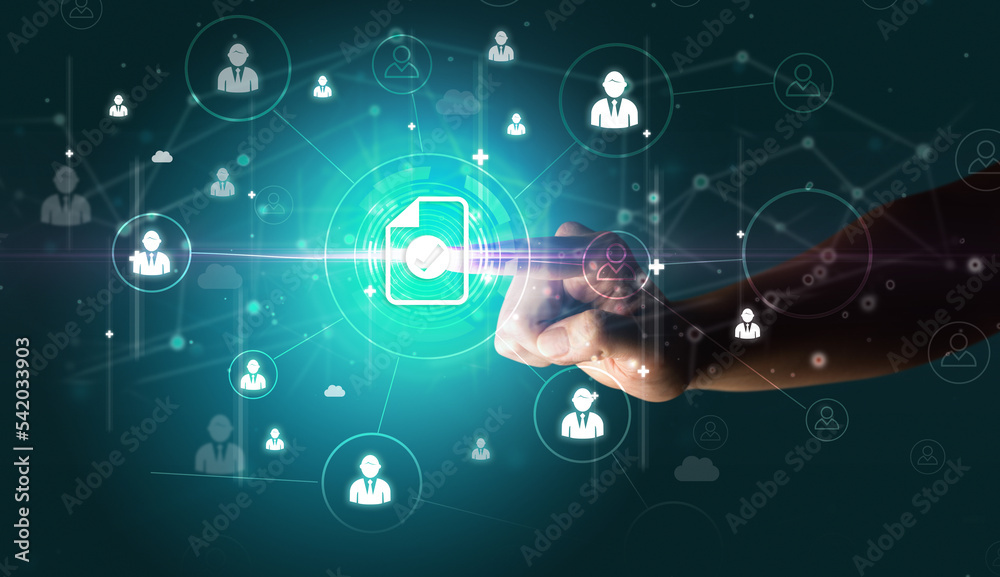 Businessman hand pressing stock graphic information on multitouch screen Businessman hand pressing stock graphic information on multitouch screen