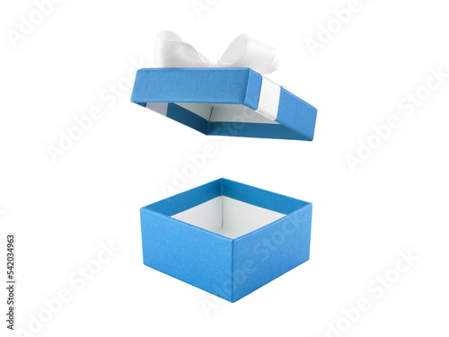 open empty blue gift box with ribbon bow (lid floating) isolated on white