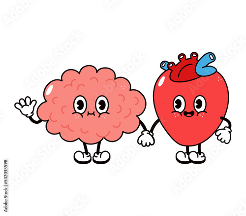 Cute, funny happy brain and heart character. Vector hand drawn cartoon kawaii characters, illustration icon. Funny cartoon brain and heart friends concept