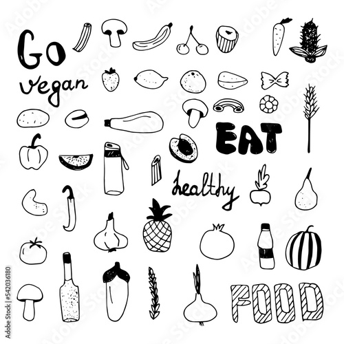 Vector set black and white doodles vegan food.