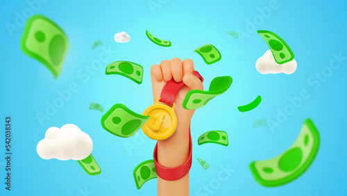 Winning money in sport competition. Jackpot winner. Falling money bills and hand holding golden medal on blue sky background.
