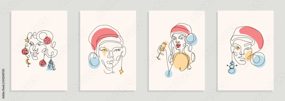 Modern abstract line minimalistic women faces New Year concept for wall decoration, postcard or brochure cover design. Different woman faces. One line art. Vector illustrations design