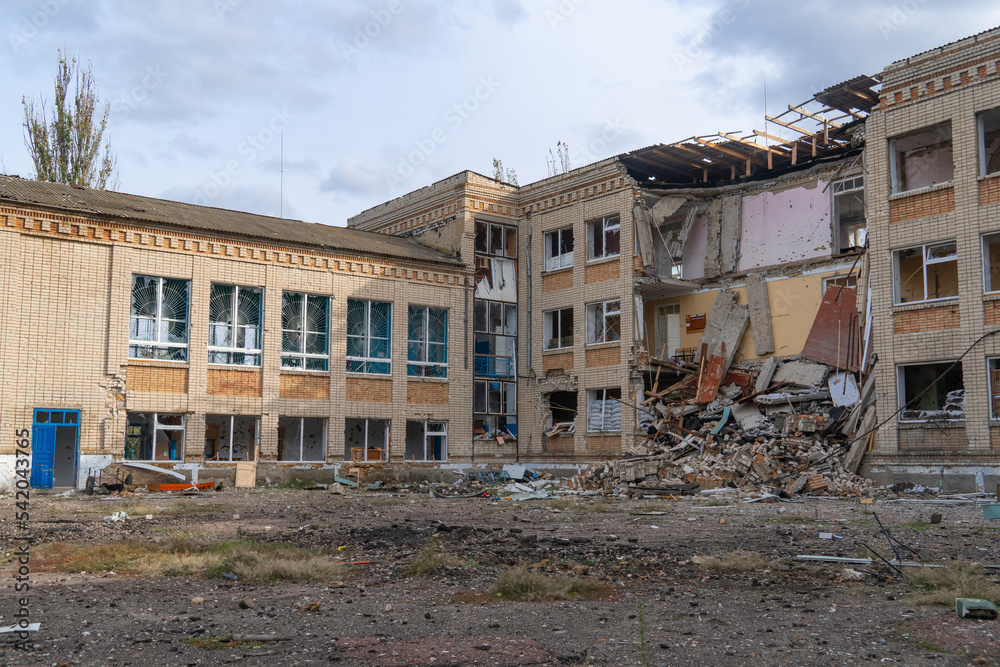 War in Ukraine. 2022 Russian invasion of Ukraine. School damaged after shelling. Destruction of infrastructure. Terror of the civilian population. War crimes