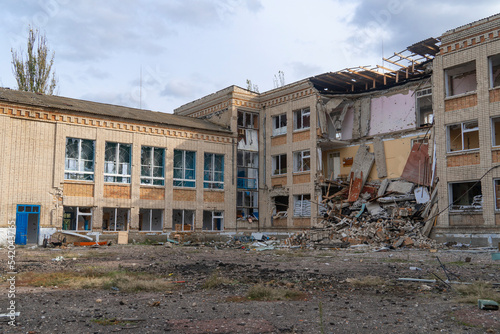 War in Ukraine. 2022 Russian invasion of Ukraine. School damaged after shelling. Destruction of infrastructure. Terror of the civilian population. War crimes
