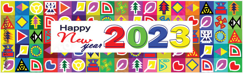 Colorful Happy New Year 2023 Banner with Geometric Abstract Background in Retro Style. Happy New Year Web Banner, Greeting Card,Cover Design. 2023 Calligraphy Art includes  Shape. Vector Illustrtion.