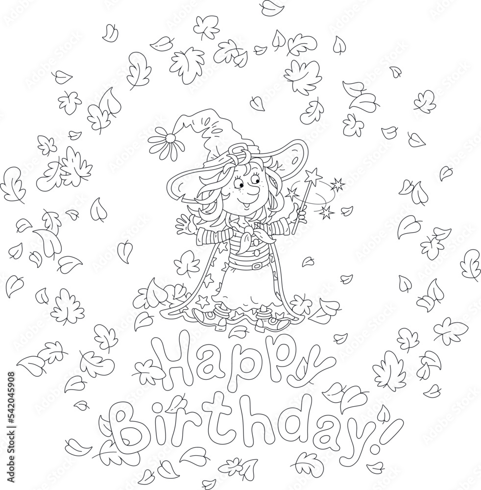 Happy birthday card with a funny little witch showing tricks with her magic wand and flying and swirling autumn leaves, black and white outline vector cartoon for a coloring book Happy birthday card with a funny little witch showing tricks with her magic wand and flying and swirling autumn leaves, black and white outline vector cartoon for a coloring book