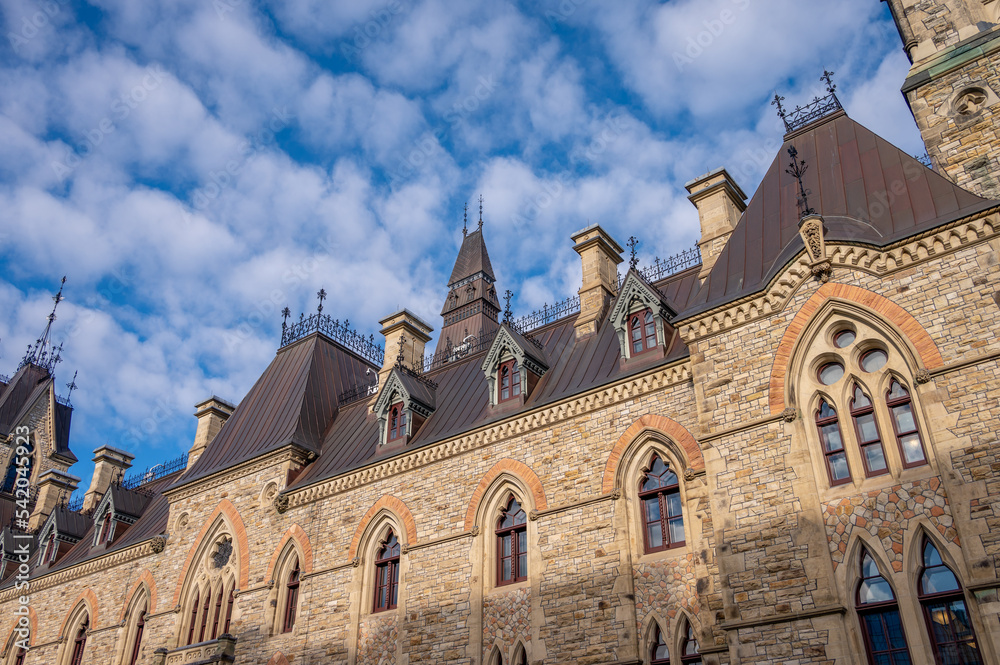 Ottawa, Ontario - October 19, 2022: Facade of the West Block on Canada's Parliament Hill  seen rising gracefully on a beautiful day.