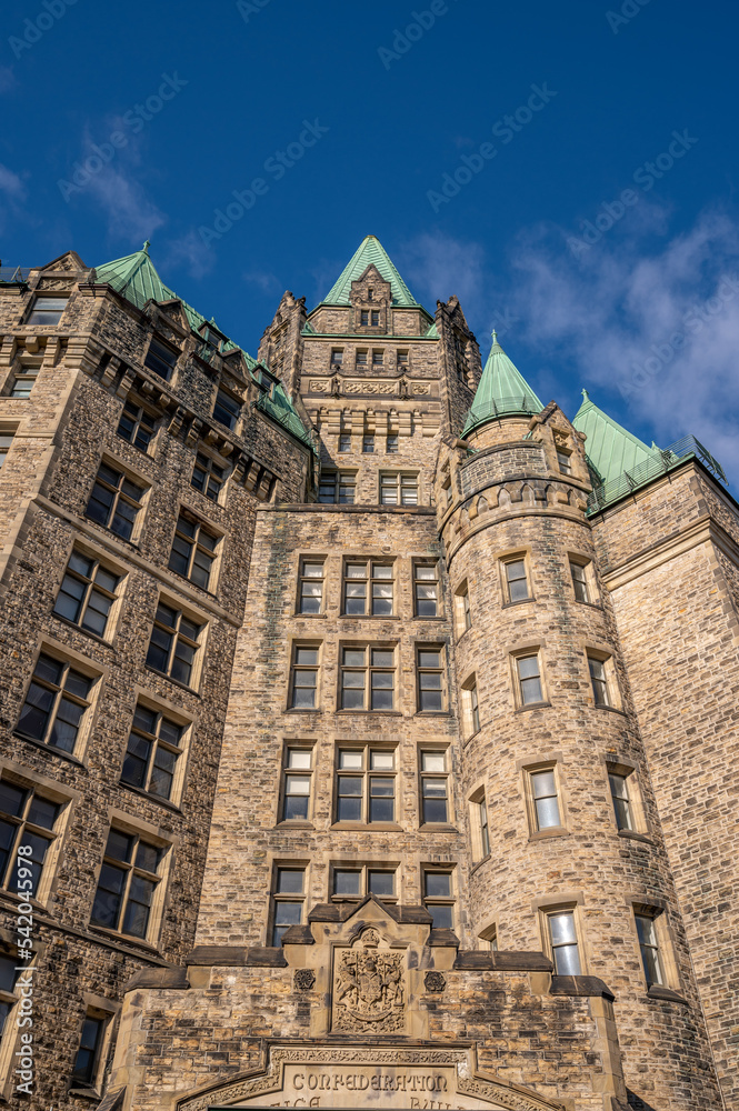  Facade of the Confederation Building on Canada's Parliament Hill   on a beautiful day.