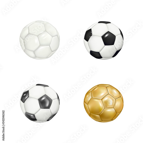 3d soccer ball set  team sport toy. Game render elements different colors  realistic play black and white or golden glossy football leather object  goal competition. Vector isolated icons