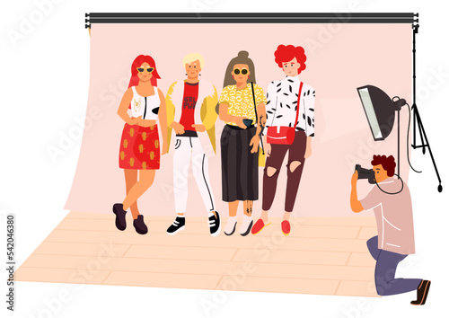 Photographers and fashion models. Photo studio. Photography shooting. Cameraman making snapshots. Fashionable women posing in casual outfits. Standing stylish girls. Vector illustration