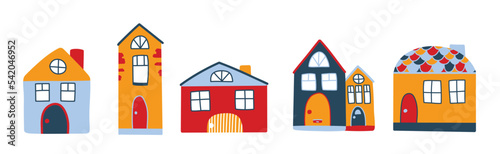 Vector set with cute colored houses, in doodle style. Norwegian houses in cartoon style.