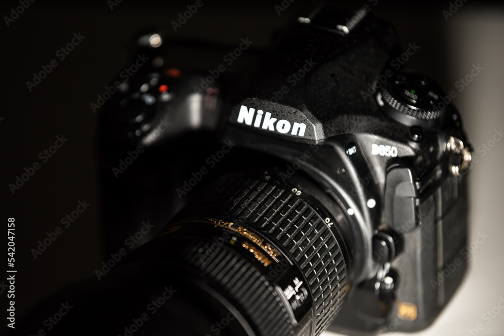 Herndon, USA - November 1, 2020: Macro closeup of Japanese made in Japan  Nikon DSLR digital single-lens reflex camera model D850 black background  Stock Photo | Adobe Stock