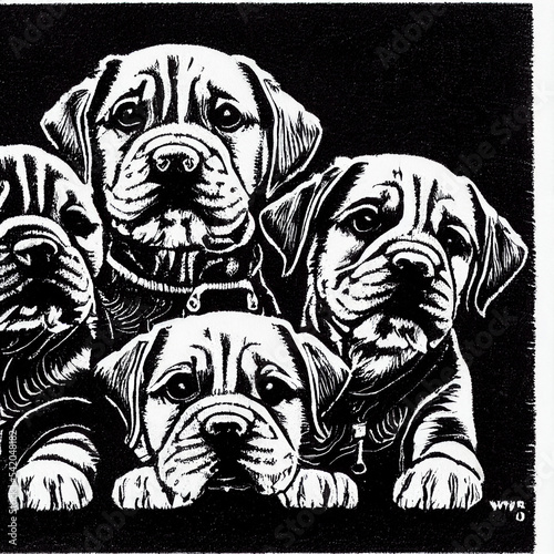 Pile of Puppies in Linocut style