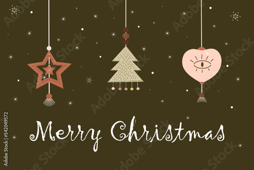 Christmas greeting with colorful hanging ornaments. Beautiful background with snowflakes. A blank for decorating greetings or invitations with the inscription Merry Christmas. Flat vector illustration