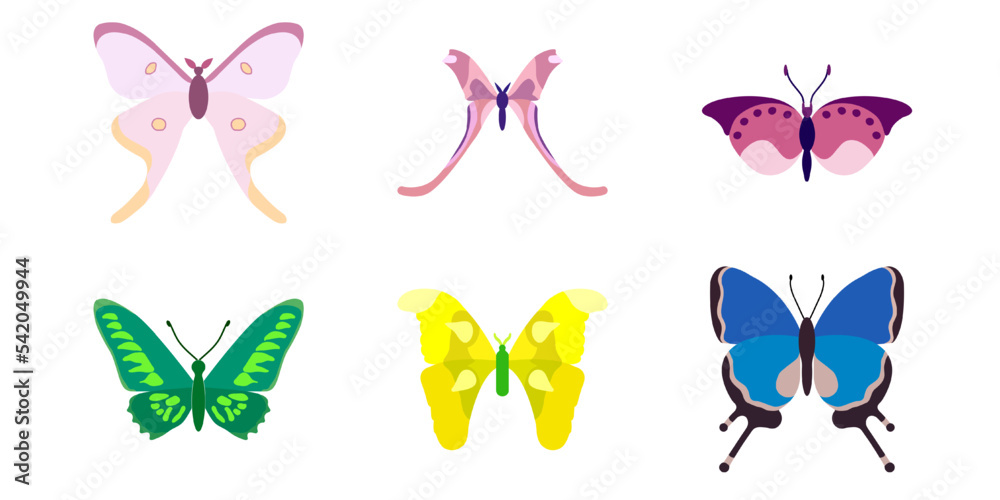 Set, collection of butterflies on a white background. Isolated cartoon icon set, decorative insect. Set, collection of butterflies on a white background. Isolated cartoon icon set, decorative insect.