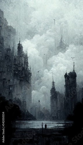 Abstract post apocalyptic dark gloomy scene old architecture landscape with skyscrapers buildings in background digital painting concept art with people walking with mist fog and clouds