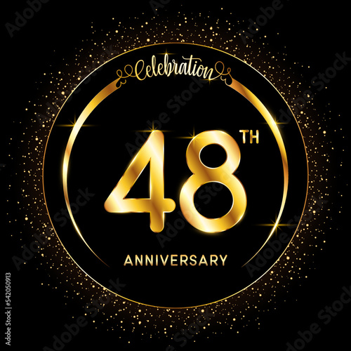 48th Anniversary. Perfect logo design to celebrate Anniversary with gold color ring, For greeting card, invitation card, flyer, banner, poster, vector illustration