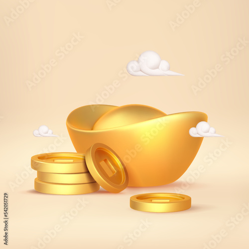 3d chinece gold coins and ingots. Asian festival element for oriental New Year design on yellow background.