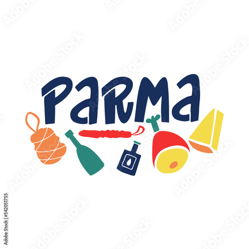 Italian Parma hand drawn lettering with typical italian products. Poster design or postcard illustration. Business travel card.