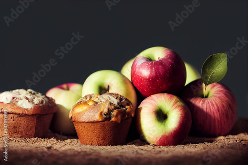 Apples and cupcakes in a low anle view from the side photo