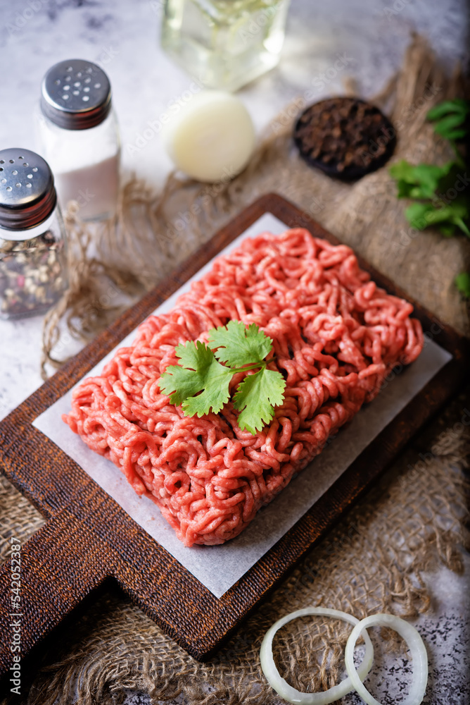 Raw fresh minced meat with cilantro leaves, onion slices and pepper Raw fresh minced meat with cilantro leaves, onion slices and pepper