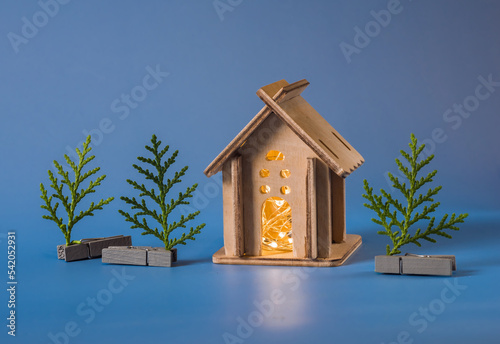 small homemade wooden house with a garland inside and a Christmas tree © Sotis