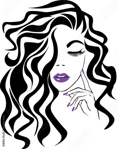 Beautiful sexy face, purple lips, fashion woman, element design, curly hairstyle, hair salon sign, icon. Beauty Logo. Vector illustration. Hand drawing style.