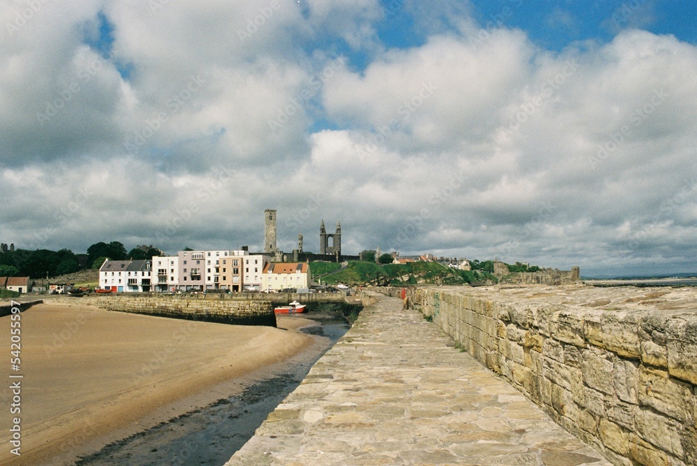 Harbour, Cathedral and St Rule's Tower, as seen from Long Pier, St Andrews, Fife.