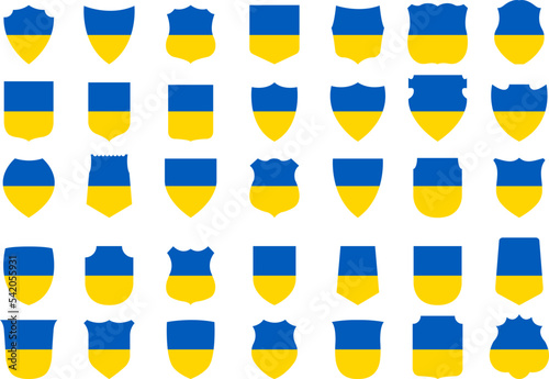 35 different coat of arms with Ukraine flag, vector illustration