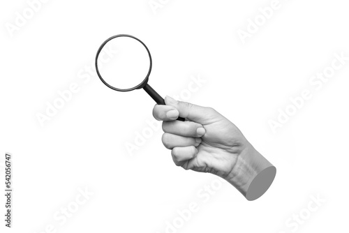 A female hand holding a magnifying glass isolated on a white background. Mockup with empty copy space for a text and design. 3d trendy collage in magazine style. Modern contemporary art