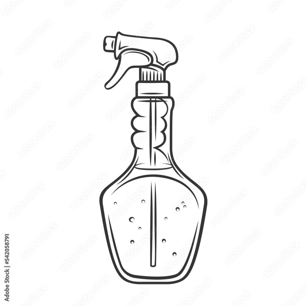 Spray bottle with detergent outline icon vector illustration. Line hand drawn clear plastic container with spray trigger, liquid chemical cleaner to clean window glass, disinfectant equipment in tube Spray bottle with detergent outline icon vector illustration. Line hand drawn clear plastic container with spray trigger, liquid chemical cleaner to clean window glass, disinfectant equipment in tube