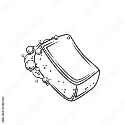 Sponge with soapy foam outline icon vector illustration. Line hand drawn cleaning tool for washing dirty surface with soap, liquid detergent and water, sponge to clean dirt in kitchen or bathroom
