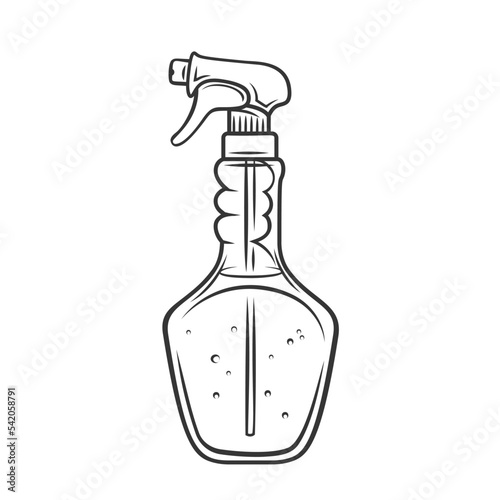 Spray bottle with detergent outline icon vector illustration. Line hand drawn clear plastic container with spray trigger, liquid chemical cleaner to clean window glass, disinfectant equipment in tube