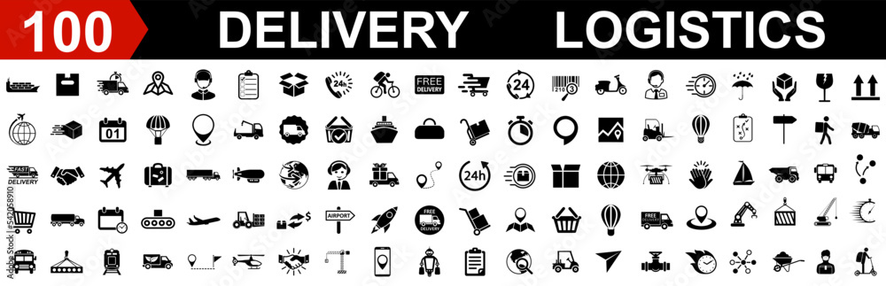 Set 100 logistics icons, delivery, global logistic, package, transportation, shipping signs collection – stock vector Set 100 logistics icons, delivery, global logistic, package, transportation, shipping signs collection – stock vector