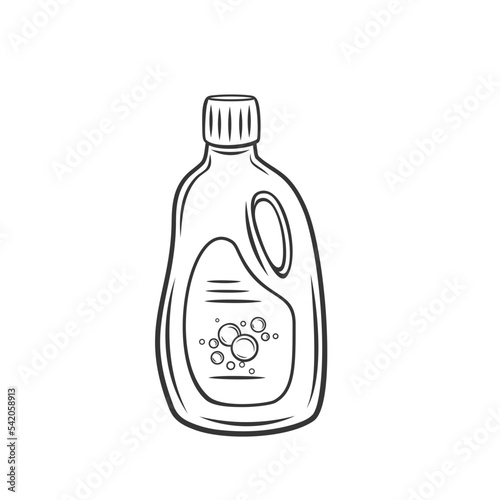 Laundry detergent in bottle outline icon vector illustration. Line hand drawn plastic container with handle, lid and label, liquid cleanser for bathroom, fabric softener for clothes in washing machine