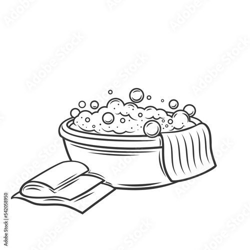 Basin of soapy foam outline icon vector illustration. Line hand drawn plastic or metal laundry washbowls to wash and clean cloth with soap bubbles of detergent and water, laundry bowl for cleaning