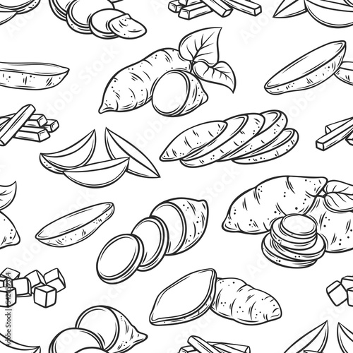 Sweet potato outline icons in seamless pattern vector illustration. Line hand drawn whole yam tubers and potato cut into slices, cubes and pieces with peel, heap of chopped batat vegetable for cooking