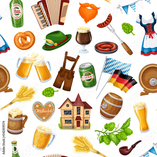 Oktoberfest set seamless pattern vector illustration. Cartoon isolated Oktoberfest festival elements with beer in glass bottle and wooden barrel, mug and can, fest sausages, German flag and costumes