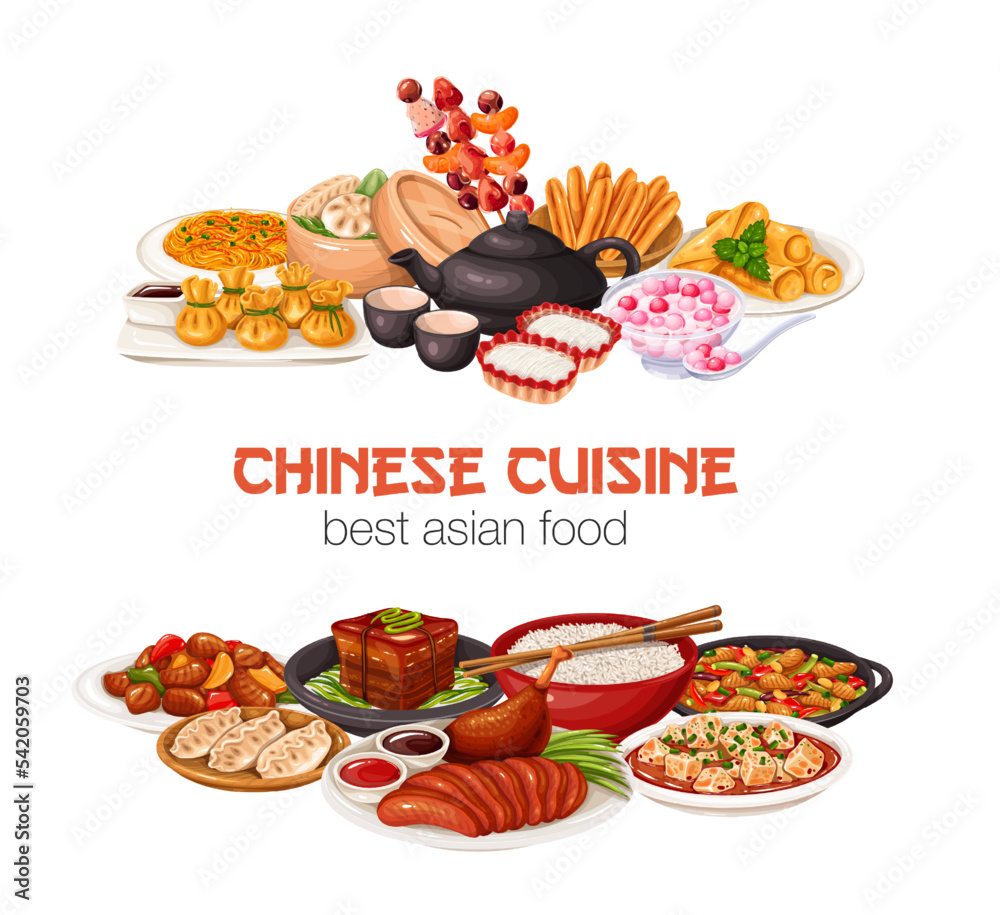 Chinese cuisine design template vector illustration. Cartoon meals from  restaurant menu of China, Asian chicken, pork and tofu cooked food, fried  dumplings and noodles, bowl of rice with chopsticks Stock Vector