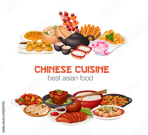 Chinese cuisine design template vector illustration. Cartoon meals from restaurant menu of China, Asian chicken, pork and tofu cooked food, fried dumplings and noodles, bowl of rice with chopsticks