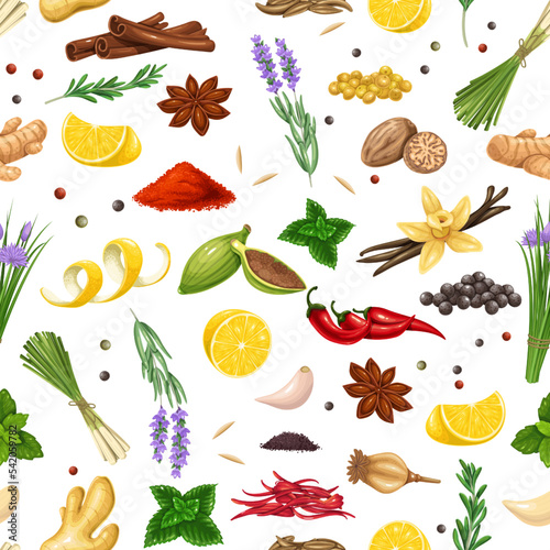 Fototapeta Naklejka Na Ścianę i Meble -  Spice and herbs set seamless pattern vector illustration. Cartoon isolated ingredients for cooking spicy aromatic food, cumin, coriander and cardamon spice seeds, nutmeg and saffron, garlic glove