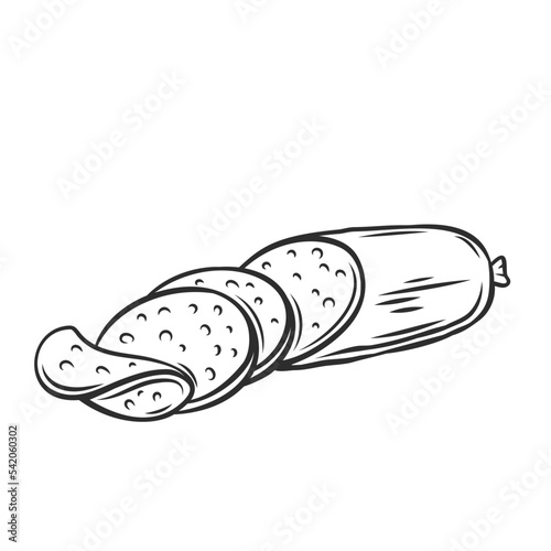 Salami sausage outline icon vector illustration. Line hand drawn slices and delicatessen pork roll, Italian chorizo or smoked German traditional sausage, food ingredient and butchers shop product