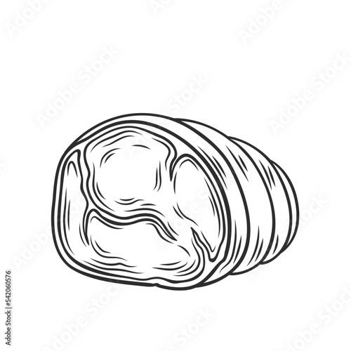Pork ham outline icon vector illustration. Line hand drawn cooked or smoked boneless meat roll with skin, pork fillet with fat cut for breakfast sandwich, delicatessen food snack from butchery