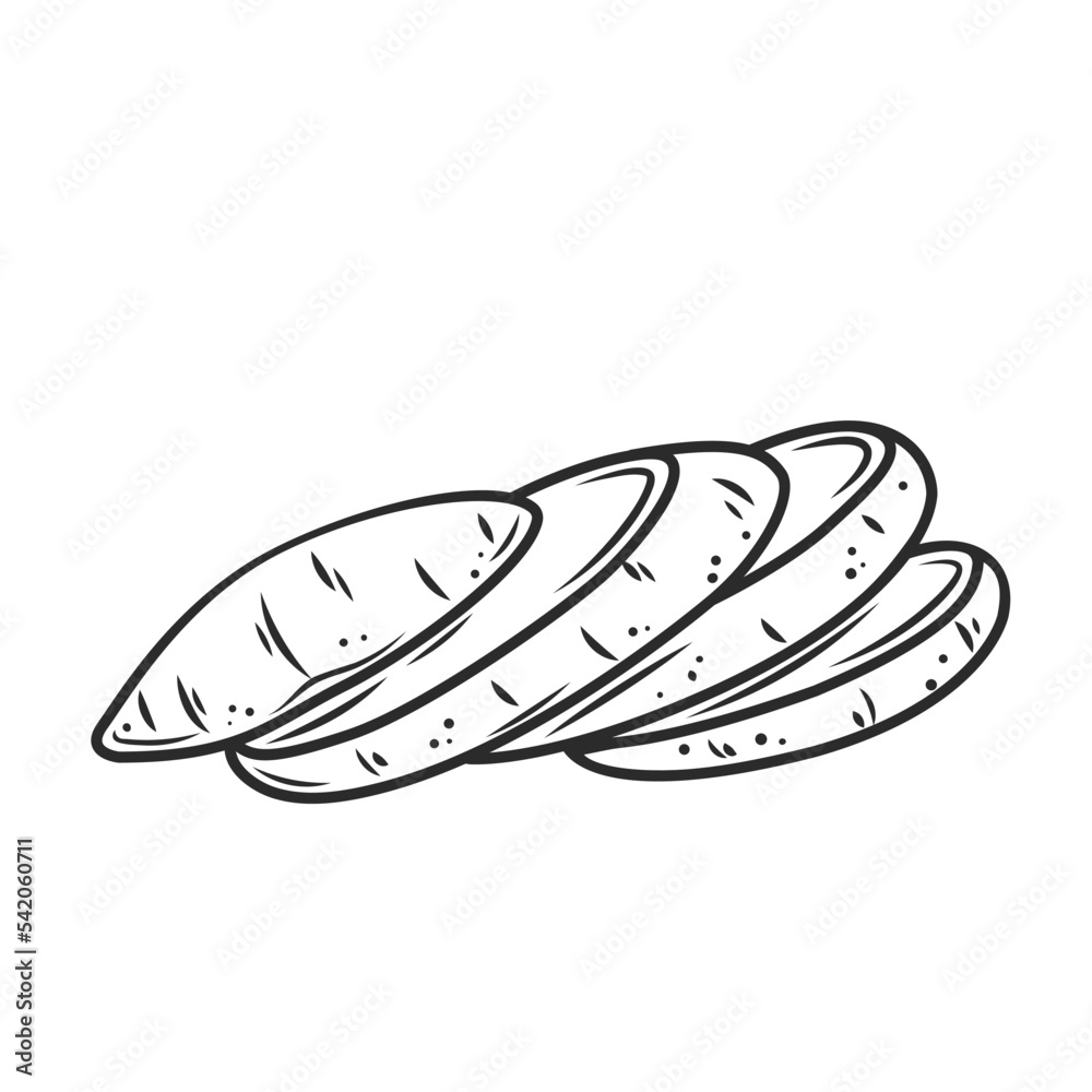 Sweet potato cut into slices outline icon vector illustration. Line hand drawn potato tuber with peel cutting into pieces to cook healthy meals, food ingredient of organic nutrition, sliced vegetable Sweet potato cut into slices outline icon vector illustration. Line hand drawn potato tuber with peel cutting into pieces to cook healthy meals, food ingredient of organic nutrition, sliced vegetable