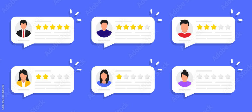 User reviews online. Customer feedback review experience rating. People giving feedback. Clients choosing satisfaction rating and leaving reviews. Online customer feedback experience rating - obrazy, fototapety, plakaty 