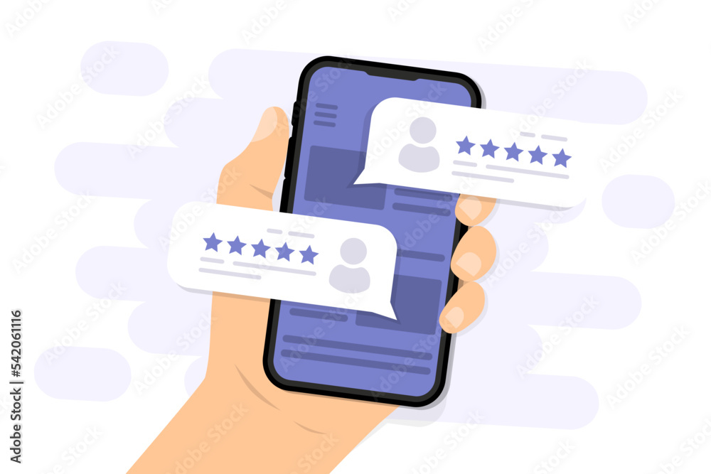 Hand holding phone with review rating. User reviews with good and bad rate on smartphone screen. Customer feedback review experience rating. Clients choosing satisfaction rating and leaving reviews